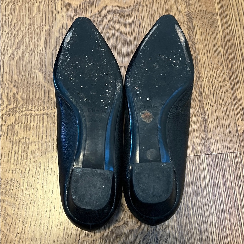 Prada Black Leather Point Toe Flats with Silver Buckle - Picture 11 of 12